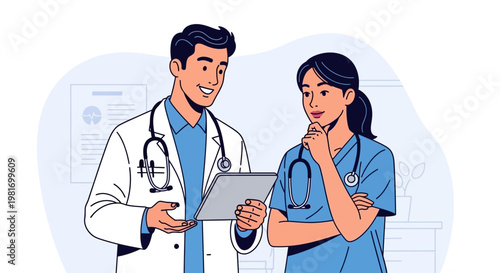 Doctor and Nurse Discussing Medical Results on Tablet in Hospital