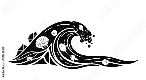 Ocean wave crashing incorporates intricate seashell details and fluid movement patterns within a bold black and white graphic illustration that captures the essence of the powerful sea current.