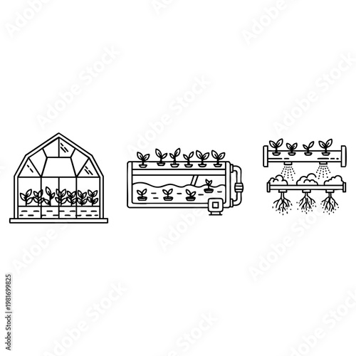 Title: Greenhouse and Hydroponic Farming System Vector Set