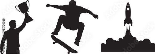 Success and achievement silhouette set, winner holding trophy cup, skateboarder jumping, rocket launch startup concept vector isolated PNG with Transparent Background