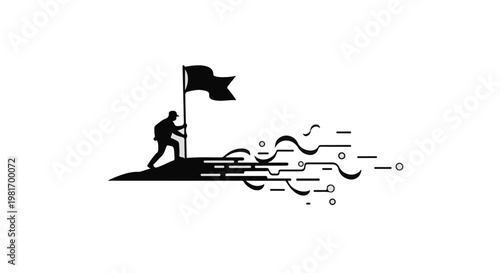 Climber plants a flag on a jagged summit while trailing fluid motion lines follow behind to illustrate the concepts of personal achievement, goal setting, and successful business ambition.
