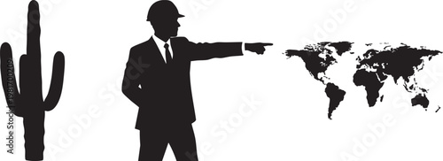 Global construction engineer silhouette pointing at world map, industrial manager in hard hat and suit, desert cactus landscape icons isolated PNG with Transparent Background