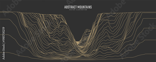 Contour mountain landscape. Waved line art. Abstract minimal topographic map. Contour lines with elevations and terrain depth. Vector illustration.