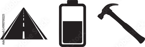 Minimalist black icons of a road, battery, and hammer. Industrial vector set for construction and infrastructure. Simple flat design symbols. isolated PNG with Transparent Background