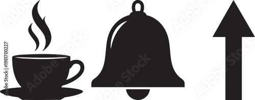 Minimalist black icon set with coffee cup, notification bell, and upward arrow. Vector symbols for interface design and productivity apps. isolated PNG with Transparent Background