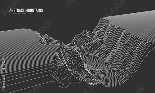 Contour mountain landscape. Waved line art. Abstract minimal topographic map. Contour lines with elevations and terrain depth. Vector illustration.