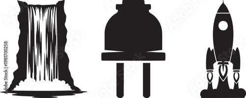 Black silhouette icons of a waterfall, electric plug, and space rocket. Set of 3 vector symbols for energy, nature, and technology concepts. isolated PNG with Transparent Background