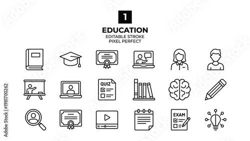 Education icons set including book graduation cap certificate brain and pencil for learning and teaching resources  education concept icone set