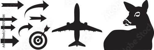 Black silhouette vector icons set, directional arrows and archery target, airplane top view and deer wildlife animal graphics isolated PNG with Transparent Background