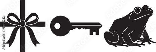 Minimalist black silhouette icons of a gift ribbon, metal key, and common frog, set of 3 vector graphic elements for logo design isolated PNG with Transparent Background