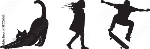 Black silhouette collection featuring stretching cat, walking girl, and jumping skateboarder. Set of 3 vector silhouettes for urban lifestyle design. isolated PNG with Transparent Background