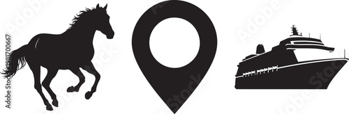 Black silhouette icons of a running horse, map pin pointer, and cruise ship, minimalist travel and transportation vector set isolated PNG with Transparent Background