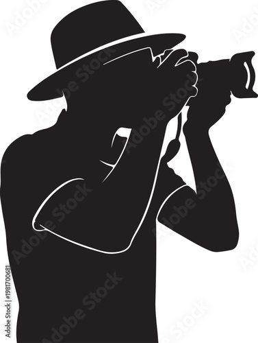 Tourist Taking Photo Silhouette, Travel Black Vector Isolated on White Background.