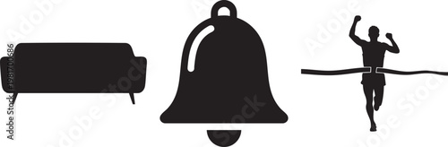Minimalist black icon set with sofa, alert bell, and marathon runner. Flat vector symbols for lifestyle apps and sports UI design. isolated PNG with Transparent Background