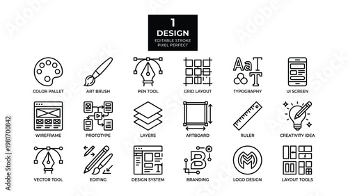 Graphic design tools and concepts icons set including color pallet art brush pen tool and typography elements for creative projects  design resources icone set