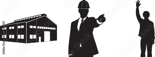 Industrial warehouse building silhouette, construction manager in hard hat pointing, worker waving hand vector set isolated PNG with Transparent Background