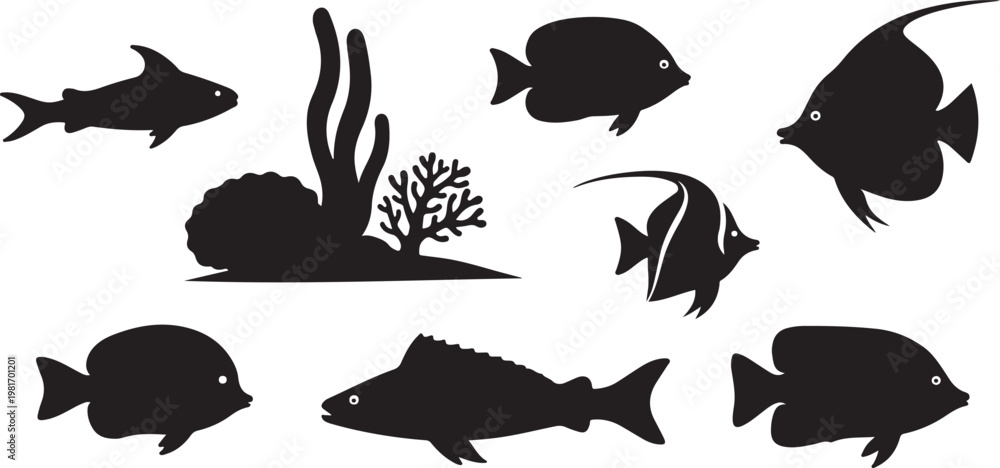 Fototapeta premium underwater marine life silhouette set black.
