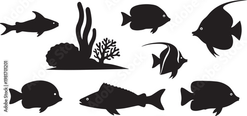 underwater marine life silhouette set black.