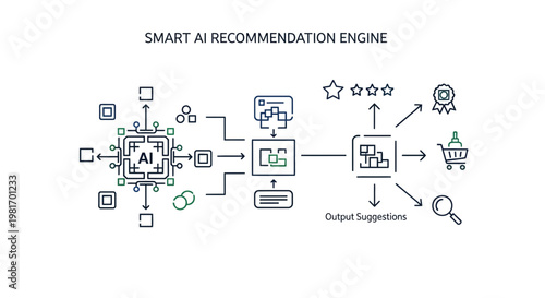 AI recommendation engine, smart technology, vector illustration, workflow diagram, automation concept
