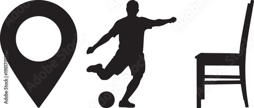 Black silhouette icons of map pin location, soccer player kicking ball, and wooden chair, minimalist vector symbol set isolated PNG with Transparent Background