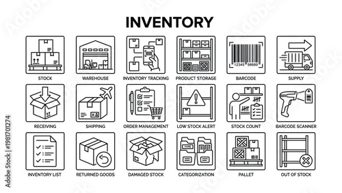 Inventory management icons set with stock warehouse and inventory tracking and product storage and supply chain logistics  business operations and management icone set