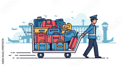 Airport porter pushing luggage cart full of suitcases in front of terminal building