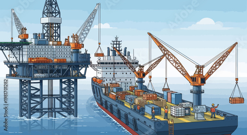 Offshore oil rig and cargo ship with cranes transferring containers at sea