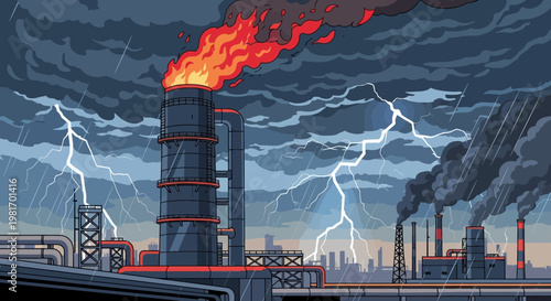 Industrial factory with flaming smokestack during a stormy, lightning-filled night.