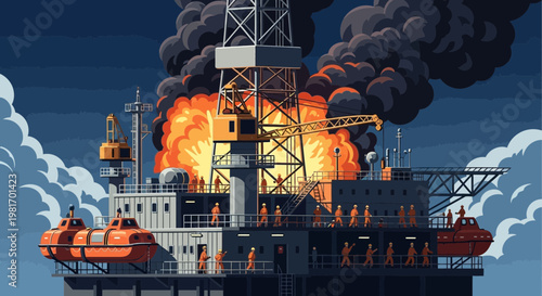 Oil Rig Explosion Disaster, Fire and Smoke, Evacuation and Danger