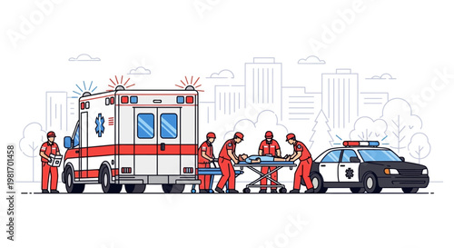 Emergency medical team transports patient from ambulance to police car in city