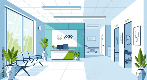 Modern Clinic Waiting Room with Reception Desk and Patient Rooms