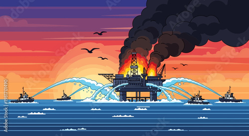 Burning Oil Rig Disaster: Firefighting Boats Battle Inferno at Sea During Sunset