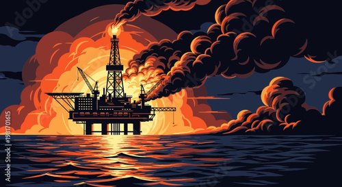 Oil Rig Explosion at Sea: Fire, Smoke, and Disaster on the Ocean
