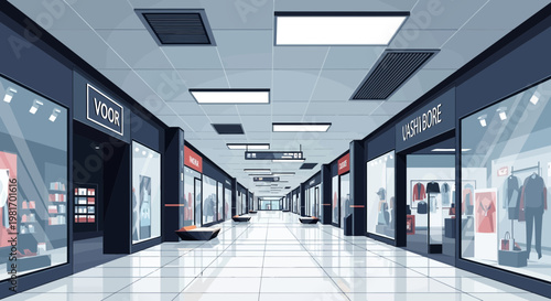 Modern shopping mall interior with storefronts and illuminated ceiling lights, perspective view
