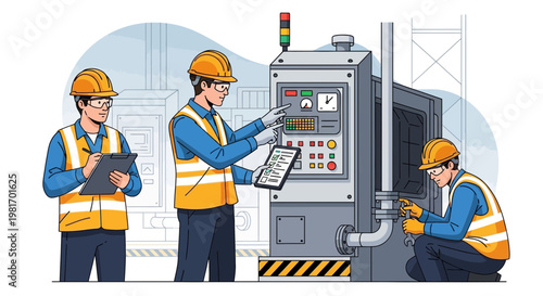 Industrial workers in hard hats and vests inspect and repair machinery in a factory setting.