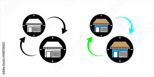 Outline icon set. illustration of two storefronts with arrows representing business transition, store conversion, and retail transformation.