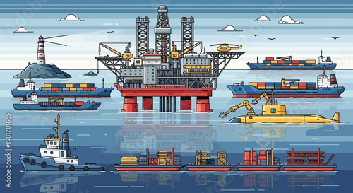 Offshore oil rig with ships, submarine, and lighthouse in pixel art style