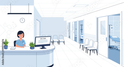 Hospital Reception Area with Nurse at Desk and Waiting Room