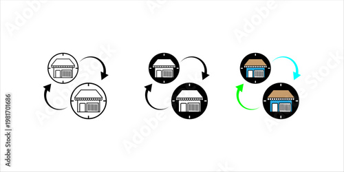 Outline icon set. illustration of two storefronts with arrows representing business transition, store conversion, and retail transformation.
