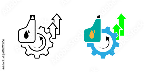 Outline icon set. illustration of oil container with gear and upward arrows representing oil industry growth, automation, and industrial production.