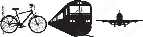 Transportation modes including bicycle, train, and airplane in black silhouette on white background for travel and commute concepts