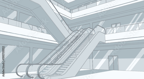 Modern Escalator Interior Design, Architectural Sketch, Light and Shadow Play