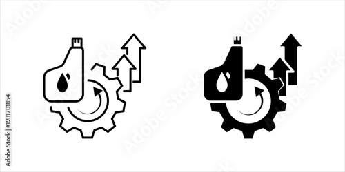 Outline icon set. illustration of oil container with gear and upward arrows representing oil industry growth, automation, and industrial production.