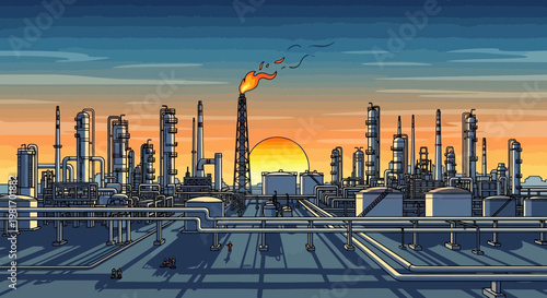 Pixel Art Oil Refinery at Sunset with Flare Stack and Industrial Landscape