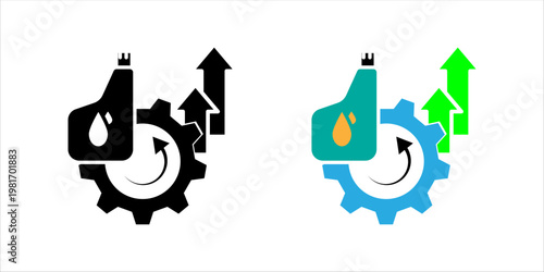 Outline icon set. illustration of oil container with gear and upward arrows representing oil industry growth, automation, and industrial production.