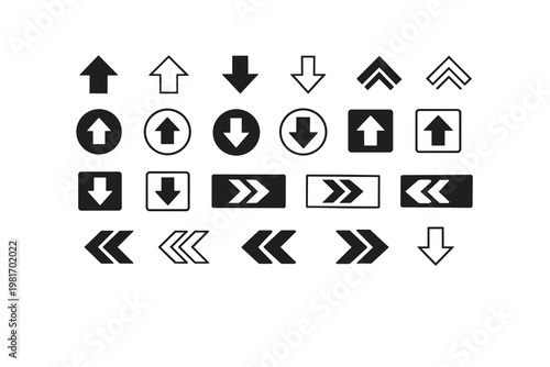 Collection of Various Arrows Pointing Up Down Left and Right in Black and White, Graphic Design Elements for Directional Navigation and UI