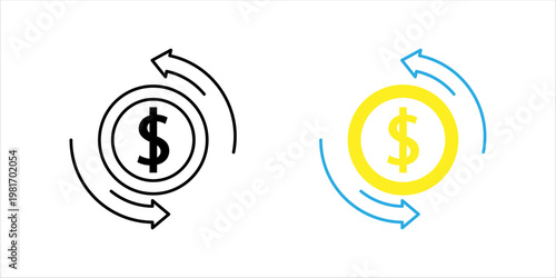 Minimal outline icon set, of dollar symbol with circular arrows representing currency exchange, money circulation, and financial transactions.