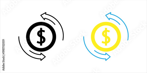 Minimal outline icon set, of dollar symbol with circular arrows representing currency exchange, money circulation, and financial transactions.