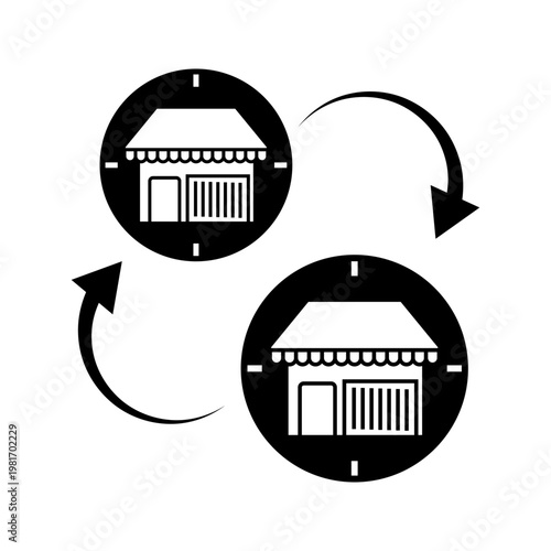Outline icon illustration of two storefronts with arrows representing business transition, store conversion, and retail transformation.