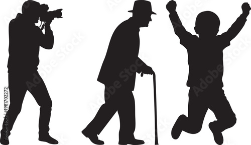 Silhouettes of people in different stages of life, photographer, elderly man with cane, and joyful child jumping freely together